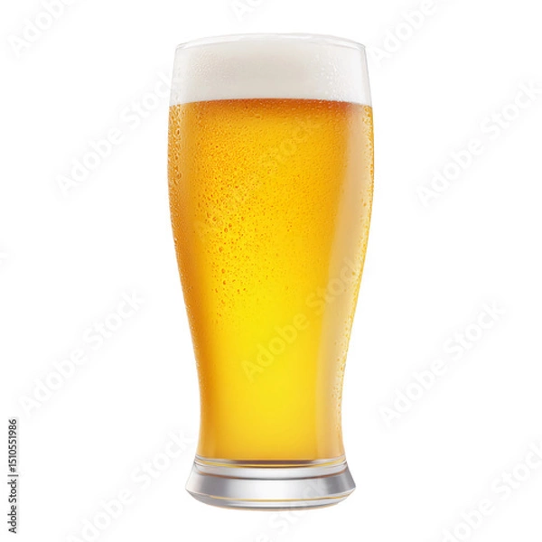 Obraz A tall glass of cold, golden blonde beer with a frothy head and condensation, isolated on transparent background.