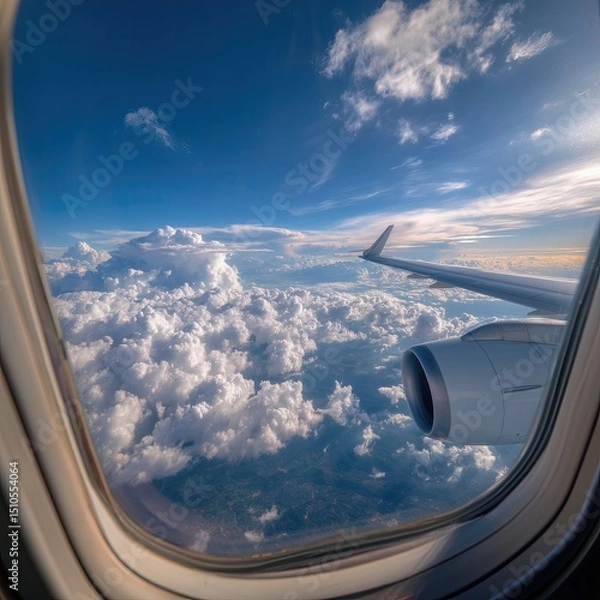 Fototapeta View from airplane window showing wing and clouds under bright blue sky