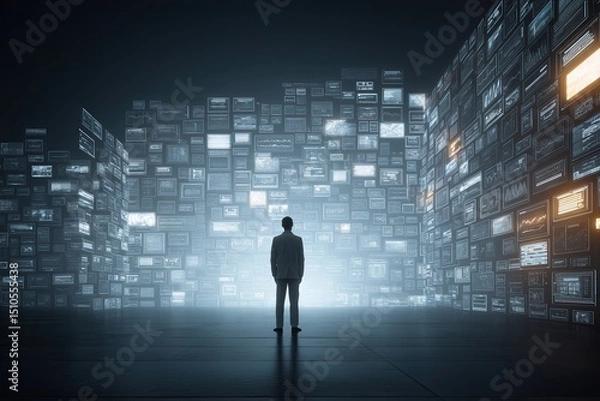Fototapeta Man standing in front of futuristic digital data wall with glowing interface panels