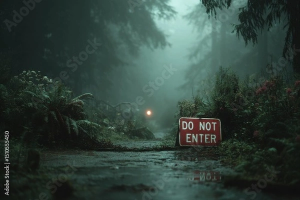 Fototapeta Foggy Forest Path. A haunting view of a 'Do Not Enter' sign in a misty woodland.