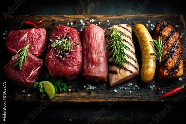 Fototapeta Assorted Raw Meats on Wooden Board with Herbs and Spices