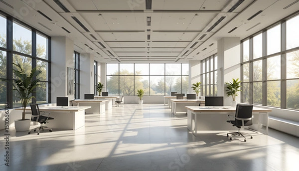 Obraz Modern bright office workspace with large windows showcasing natural light and minimalist desks perfect for productive work.