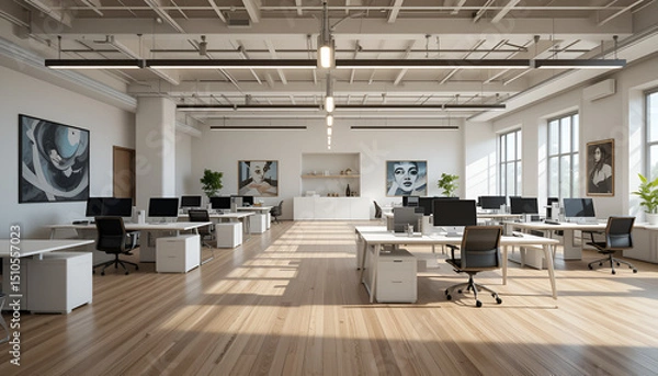 Obraz Modern spacious office workspace with hardwood floors sunlight streaming through large windows and stylish artwork on the walls