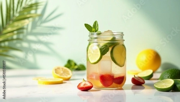 Fototapeta Front view flatlay of a transparent glass or jar filled with infused water, containing clear ice cubes and colorful sliced fruits such as lemon, lime, cucumber, strawberries, or mint leaves. 