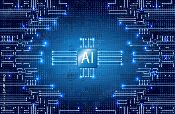Fototapeta Electronics circuit with binary code. Futuristic digital design, world of artificial intelligence and digital technology for banners, tech backgrounds and innovative branding.