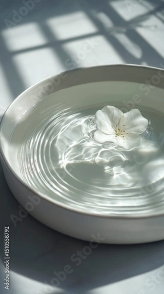 Fototapeta Close-up of a white ceramic bowl filled with water, with a single floating flower petal and concentric ripples