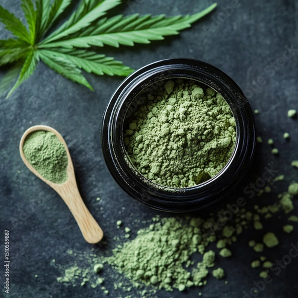 Fototapeta A jar containing green powder extracted from cannabis.