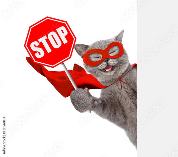 Obraz Happy cat wearing superhero costume looking from behind blank white banner and showing stop sign. Isolated on white background
