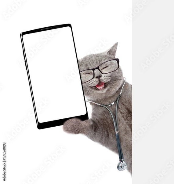 Obraz Smiling cat wearing like a doctor with stethoscope on his neck showing big smartphone with blank screen in it paw from behind blank white banner. Empty space for text. isolated on white background