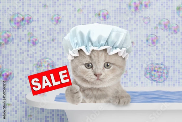 Obraz Cute kitten wearing shower cap takes the bath at home and  shows signboard with labeled "sale"