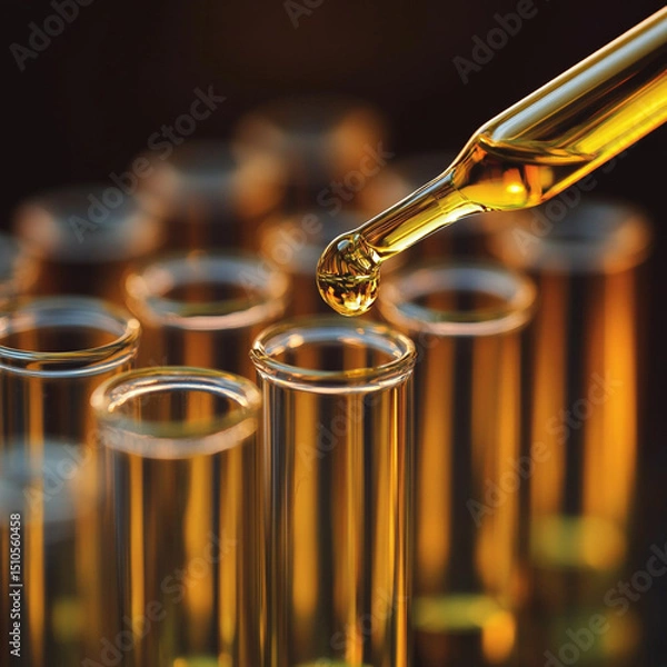Fototapeta Close-up of a glass dropper dispensing liquid over multiple test tubes.