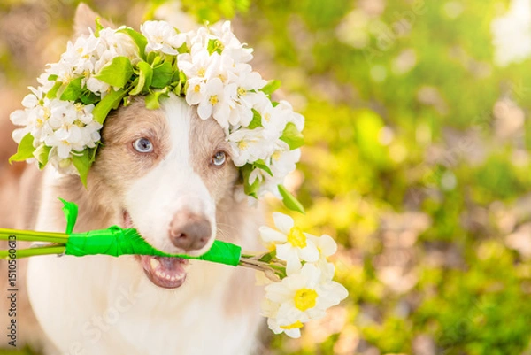 Obraz Happy Border Collie puppy wearing wreath of apple blossoms holds a bouquet of daffodils in its mouth at sunny spring park. Empty space for text