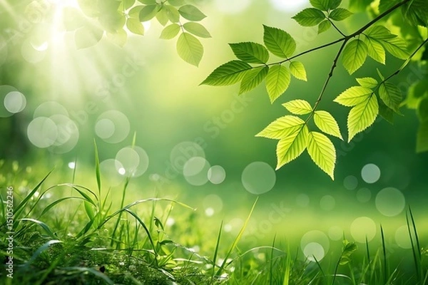 Fototapeta Abstract green blurred nature background with soft bokeh and sunlight. Perfect for eco, wellness, spring, Earth Day, and environmental sustainability-themed creative design projects.