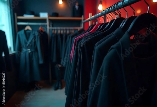 Fototapeta Colorful clothes on hangers in boutique store. Stylish fashion display featuring trendy apparel, variety of garments, seasonal styles, and retail concept for modern shopping visuals.