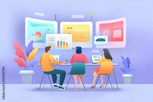 Fototapeta Three professionals analyzing data and visual dashboards in a vibrant digital office setup