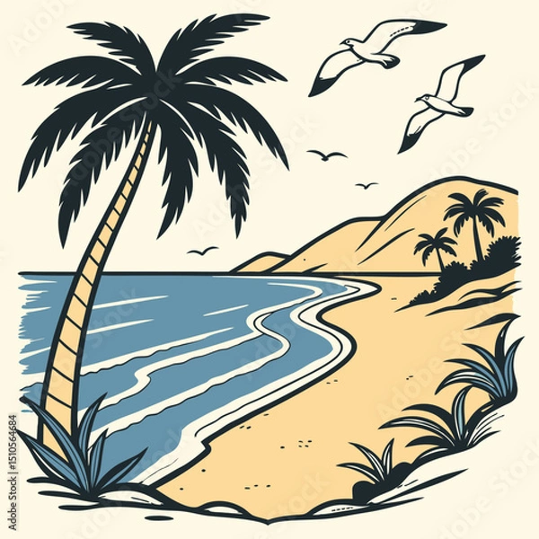 Fototapeta Retro Style Beach Scene with Palm Trees Birds and Gentle Waves in a Graphic Illustration