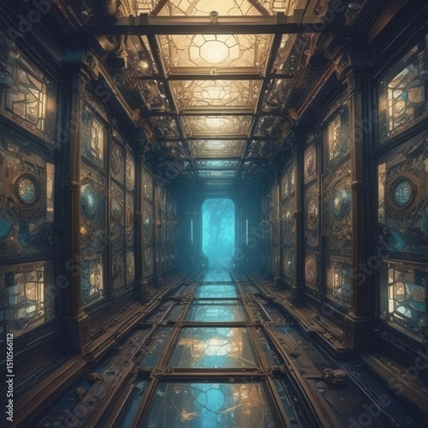 Obraz Advanced Technology Spaceship Interior: Luminous Blue Passageway