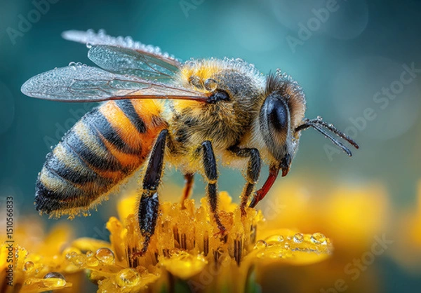 Obraz Honeybee gathers nectar from a sunflower, exhibiting fine details like tiny droplets of water on its body in a lush garden
