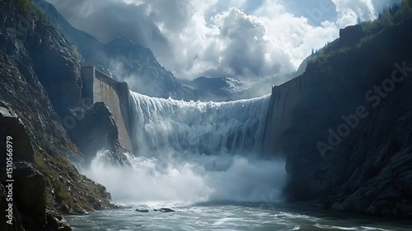 Fototapeta Extreme Weather Forces a Giant Dam to Collapse, Unleashing Powerful Floodwaters and Causing Destruction