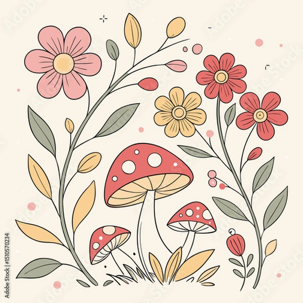 Fototapeta Seamless whimsical pattern with flowers and mushrooms