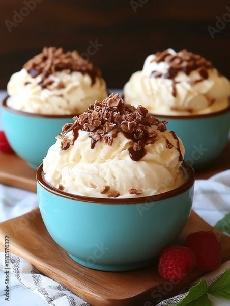 Fototapeta Delicious bowls of creamy dessert topped with chocolate shavings, perfect for satisfying sweet cravings and celebrating special occasions.