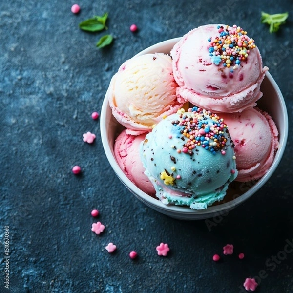 Fototapeta A delightful bowl of colorful ice cream scoops topped with sprinkles, perfect for summer treats and dessert inspiration, evoking joy and indulgence.