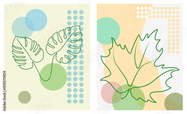 Fototapeta Modern botanical background featuring abstract leaves with a single line combined with colorful geometric shapes. Wall decor, posters, greeting cards etc.