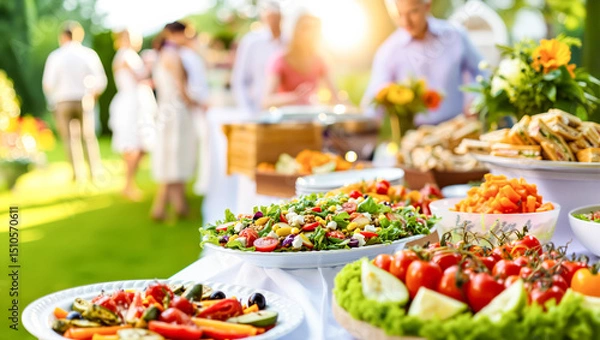 Fototapeta Abundant Outdoor Garden Party Food Buffet Ready for Summer Celebration. Festive Table with Fresh Salads, People Socializing in Sunshine. Al Fresco Dining.