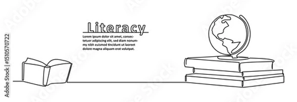 Fototapeta A minimalist one-line drawing of an open book, stacked books, and a globe, symbolizing global literacy and education.