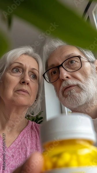 Obraz Contemplative Senior Couple Examines Prescription Pills Bottle, Focused on Health, Medication, and Wellness in Their Golden Years of Togetherness