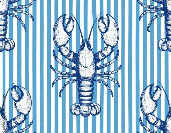 Obraz Nautical Lobster Pattern Blue Striped Background with Crustacean Illustrations