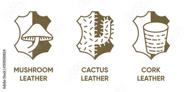 Fototapeta Plant based leather icons set - Cork, Mushrooms and Cactus leather, in monochrome style
