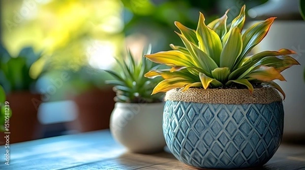 Fototapeta Intricate Home Gardening Art Featuring Chlorophytum and Succulent in Unique Plant Pots Amid an Urban Jungle with Biophilic Highlights and Selective Focus Detailing