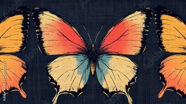 Fototapeta Elegant Multicolored Butterfly Wing Silhouette Repeating Design on Natural Burlap Fabric for Refined Artistic Background