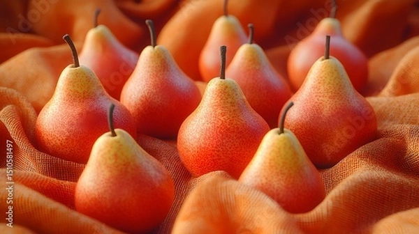 Fototapeta Detailed overhead composition showcasing whole pear fruits on textured orange fabric with healthy, natural tonality and a focused close-up view for nutritional design.