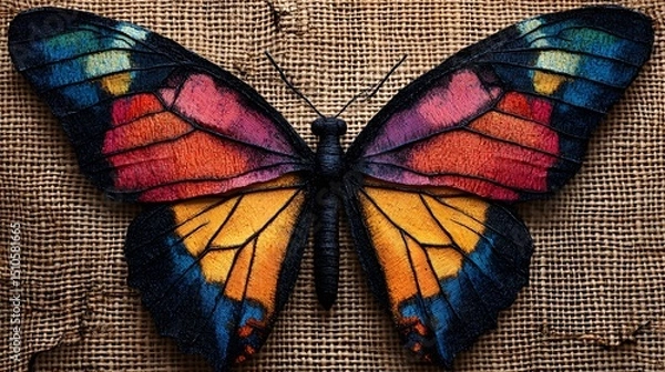 Fototapeta Intricate Vibrant Colorful Butterfly Wing Pattern on Rustic Burlap Texture Background for Graphic Design Inspiration