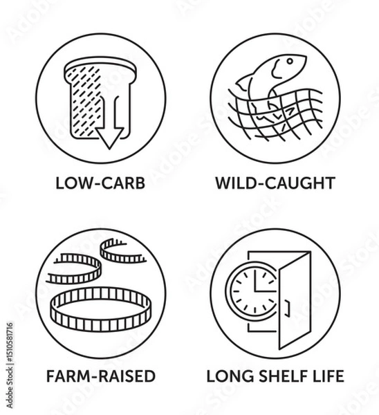 Fototapeta Fish can icons - Low-carb, Wild-caught, Farm-raised, Long shell life, in thin line and circle shape