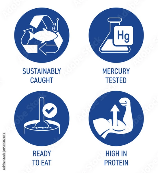 Fototapeta Fish can icons - Sustainably caught, Mercury tested, Ready-to-eat, High protein. in monochrome style