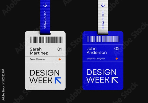 Obraz Event ID Card and Badge Mockup – Realistic PSD Template Featuring Two Vertical Name Tags for Conference Staff, Designer Access Pass, or Professional Identity Display