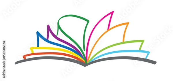 Fototapeta Cartoon colour, open book and pages. Education concept. Color, line drawing. Opened books sign. Book store logo. Flying pages. colouring book logo.