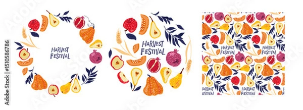 Fototapeta Harvest Festival backgrounds. Frames, seamless patterns With fruits and vegetables for advertising and packaging. Vector Summer or Autumn Fruity Repeated background for farm productions, sales, fairs.