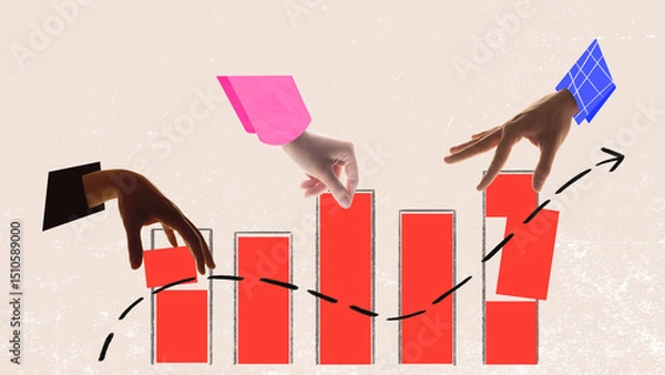 Fototapeta Fair Share. Diverse hands in colored sleeves equally divide pie chart symbolizing teamwork, balance and inclusion. Surreal business collage. Concept of teamwork, diversity, DEI strategy