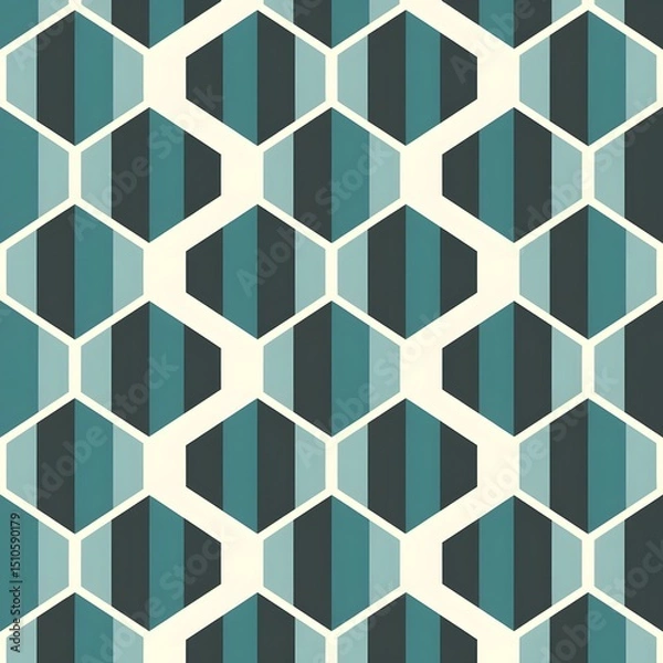 Fototapeta Seamless geometric pattern of teal and gray hexagons on a cream background.