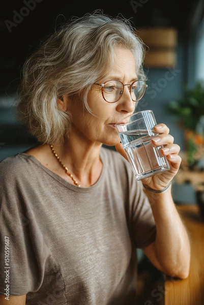 Fototapeta Mature woman drinking a glass of water for hydration, with a wellness, diet and healthy lifestyle enjoying a fresh aqua drink while relaxing at home. Healthy hydration, Everyday life
