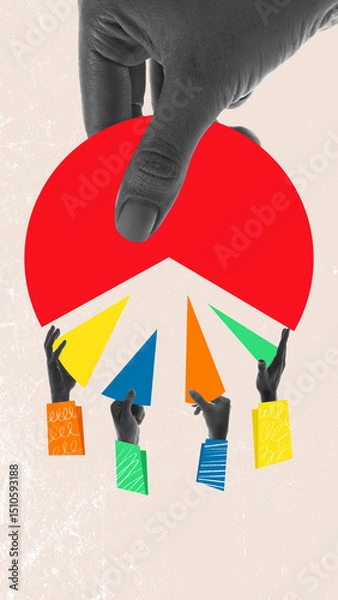 Fototapeta Growing. One chart segment grows beyond others symbolizing monopoly and unbalanced growth in competitive market. Contemporary art collage. Concept of domination, business expansion, economic warning