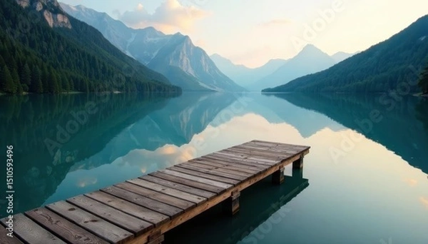 Fototapeta Long wooden dock bisects glassy lake, showing double reflection , serene, photography