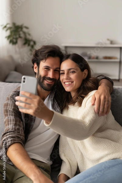Fototapeta Happy young couple taking selfie with smartphone while sitting on sofa in living room at home. Relationships and people concept
