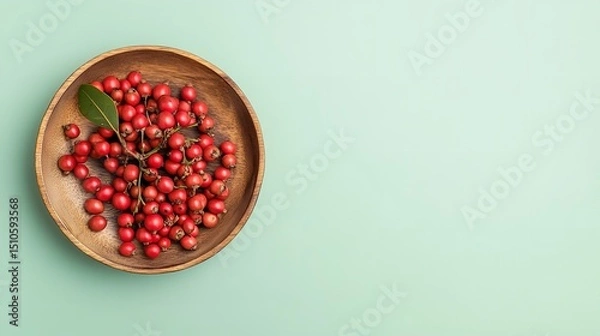Fototapeta A wood platter with minimal Chinese prickly ash and stem twigs over a pale green setting arrangement lovely green hue space, Generative AI.