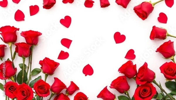 Fototapeta Heart shaped frame of red roses on white background,  red rose heart, heartshaped frame