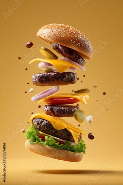 Fototapeta Delicious burger with ingredients floating on the mid air isolated on light background